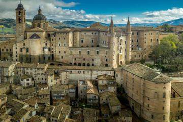 Aerial view of the Ducal Palace at the popular tourist destination world heritage site of Urbino in...
