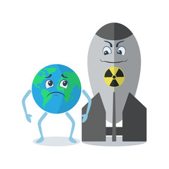 The threat of Nuclear Conflict in the world concept. Cartoon character earth with the emotion of fear of nuclear weapons Vector illustration.