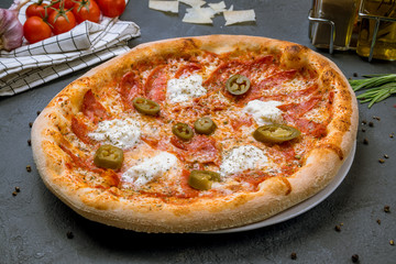 Mexican pizza with meat and jalapeno