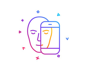 Face biometrics line icon. Facial recognition by phone sign. Head scanning symbol. Gradient line button. Face biometrics icon design. Colorful geometric shapes. Vector