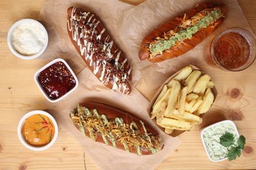 Flat lay of a table with food for a group of friends