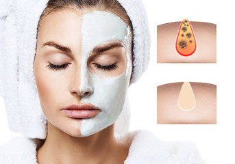Beautiful woman shows how to pollute and clean the pores on face.