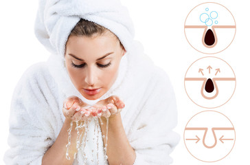 Beautiful woman shows how to pollute and clean the pores on face.