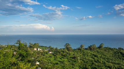 Seascape with a view of the green coastline.