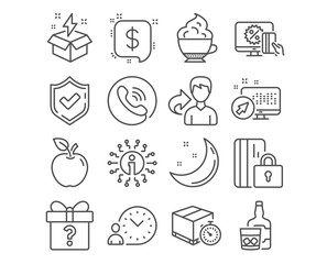 Set of Online shopping, Creative idea and Payment message icons. Time management, Delivery timer and Secret gift signs. Blocked card, Cappuccino cream and Whiskey glass symbols. Vector