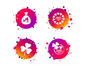 Saint Patrick day icons. Money bag with clover sign. Wreath of trefoil shamrock clovers. Symbol of good luck. Gradient circle buttons with icons. Random dots design. Vector