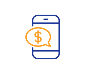 Pay by phone line icon. Mobile payment sign. Finance symbol. Colorful outline concept. Blue and orange thin line color icon. Phone payment Vector