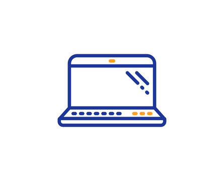 Laptop line icon. Mobile computer device sign. Colorful outline concept. Blue and orange thin line color Laptop icon. Vector