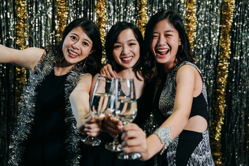 Cheerful girlfriends toasting wine glasses