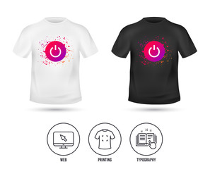 T-shirt mock up template. Power sign icon. Switch on symbol. Turn on energy. Realistic shirt mockup design. Printing, typography icon. Vector