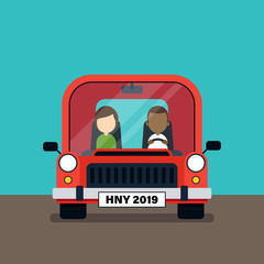 New year 2019 abstract background decorative with people driving car on the road