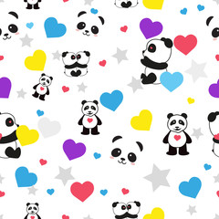 Cartoon Teddy Bears Vector Seamless Pattern. Scandinavian style Animals. Background for Kids of Hand drawn Doodle Cute Baby Panda Bear Head with Stars and Hearts