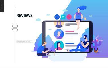 Business series, color 2 - reviews -modern flat vector illustration concept of people writing reviews and the review page on the tablet screen. Creative landing page or company product design template