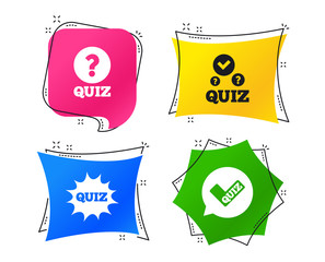 Quiz icons. Speech bubble with check mark symbol. Explosion boom sign. Geometric colorful tags. Banners with flat icons. Trendy design. Vector