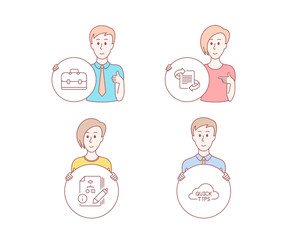 People hand drawn style. Set of Marketing, Portfolio and Algorithm icons. Quick tips sign. Article, Business case, Project. Helpful tricks.  Character hold circle button. Man with like hand. Vector