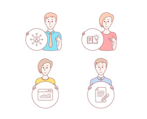 People hand drawn style. Set of Networking, Product knowledge and Website statistics icons. Article sign. Business communication, Education process, Data analysis. Feedback. Vector