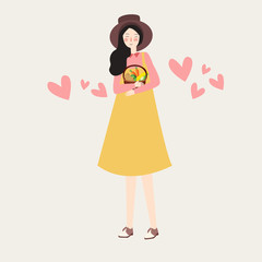Illustration of a Girl Carrying a Large Basket Full of Vegetables. Wearing Hat full of love.