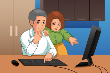 Father and Daughter Working on Computer Illustration