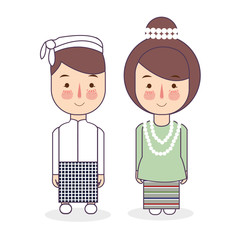 Burmese couple traditional national clothes of Myanmar. Set of cartoon characters in traditional costume. Cute people. flat illustrations.