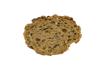 A piece of bread made of coarse flour isolated on white background.