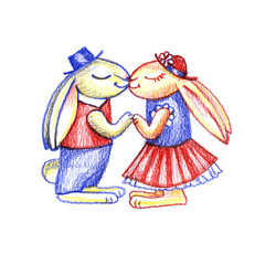 Hand Drawn Illustration of kissing bunnies, Valentine Day , Love