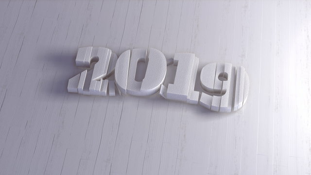 Happy new year 2019 isolated numbers lettering written by white wood on bright background. 3d illustration