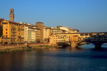 Fototapeta na wymiar Sunset on the City of Florence and the Ponte Vecchio Bridge, Italy