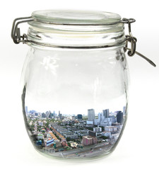 cityscape bangkok in a glass jar with lid close