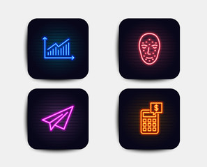 Neon glow lights. Set of Face biometrics, Graph and Paper plane icons. Calculator sign. Facial recognition, Presentation diagram, Airplane. Money management.  Neon icons. Glowing light banners. Vector