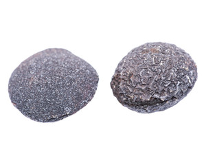 Set of concretion stones from southwest Kansas, USA. Kansas Pop Rocks isolated on white background. Contains a male (crystallized) and female (smooth) stone. 