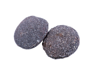Set of concretion stones from southwest Kansas, USA. Kansas Pop Rocks isolated on white background. Contains a male (crystallized) and female (smooth) stone. 