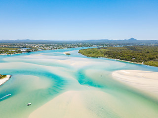 Noosa river aerial view with vibrant blue water on the Sunshine Coast in Queensland, Australia