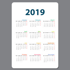 2019 Calendar Template.Calendar 2019 Set of 12 Months.Yearly calendar vector design stationery template.Vector illustration.