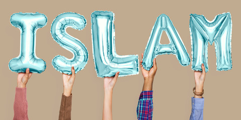 Hands holding Islam word in balloon letters