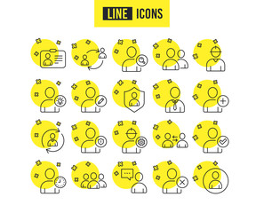 Users people line icons. Profile, Group and Support signs. ID card, Teamwork and Businessman symbols. Person talk, Engineer and Human Management. Quality futuro design people icons. Vector