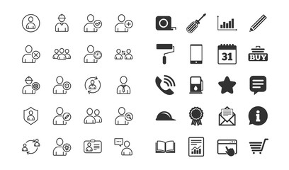 Users line icons. Profile, Group and Support signs. ID card, Teamwork and Businessman symbols. Person talk, Engineer and Human Management. Information, calendar and call phone icons. Users vector © blankstock