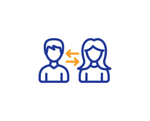 Teamwork line icon. Users communication. Male and Female profiles sign. Person silhouette symbol. Colorful outline concept. Blue and orange thin line color icon. People communication Vector