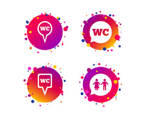 WC Toilet pointer icons. Gents and ladies room signs. Man and woman speech bubble symbols. Gradient circle buttons with icons. Random dots design. Vector