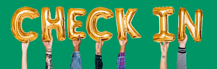 Hands showing check-in balloons word