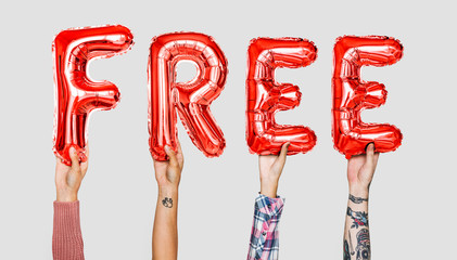 Red alphabet balloons forming the word free