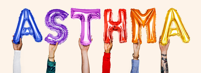 Hands showing asthma balloons word