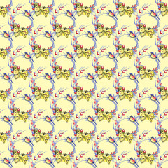 Christmas decoration, seamless patttern. Watercolor illustration on yellow background.