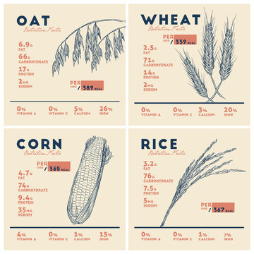 Health Benefits Of Cereals, Rice Wheat Oat And Corn . Nutrition Facts.