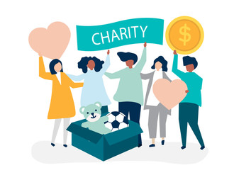 People volunteering and donating money and items  to a charitable cause