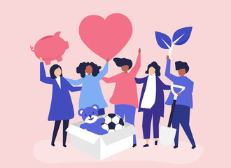 People volunteering and donating money and items  to a charitable cause