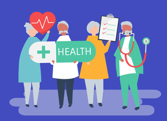 Character illustration of elderly people holding health icons