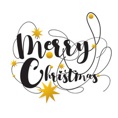 Font Merry Christmas Calligraphic Inscription Decorated with Golden Stars and Beads. on white background