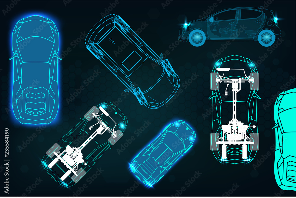 Poster Set cars top view. Vector silhouette collection auto. Diagnosis of the state of the machine and the virtual scan of the state of the car. Collections auto in HUD style