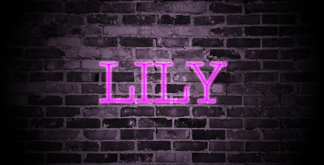 first name Lily in pink neon on brick wall