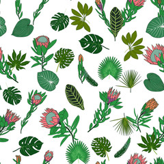 Tropical pattern with leaves and protea flower.